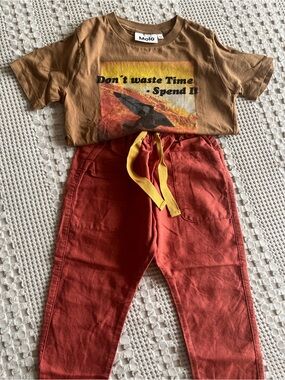 Molo Brown Graphic Tee with linen rust pant with drawstrings adjustable closure